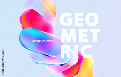 3D glass circle and ovals. Abstract background of iridescent geometric shapes.