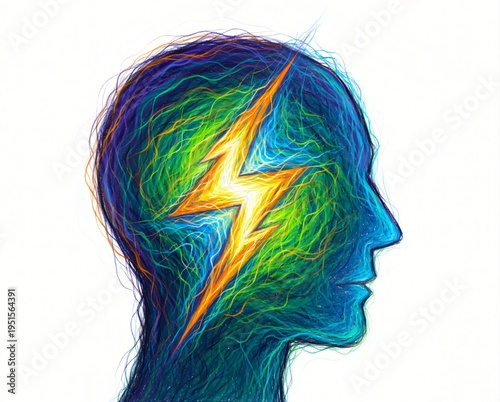 Profilo astratto con fulmine al centro: energia mentale e brainstorming in arte digitale.