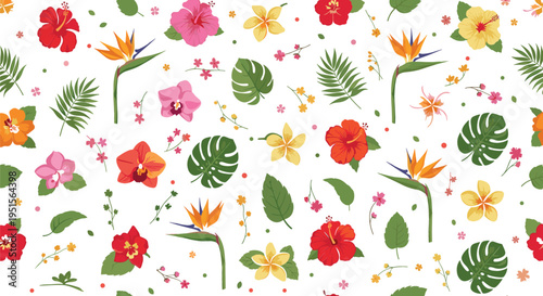 Tropical flowers and leaves vector illustration seamless set with hibiscus, monstera and exotic plants, colorful botanical summer pattern design