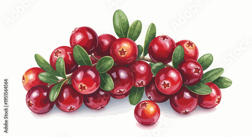 Fresh cranberries with green leaves on a white background, showcasing the vibrant red color and natural texture of the fruit.