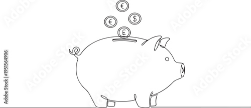 Minimalist Piggy Bank Line Art with Floating Currency Coins