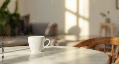 Wallpaper Mural Inviting tabletop with a cup showcasing softly blurred contemporary interior bathed in warm sunlight Torontodigital.ca