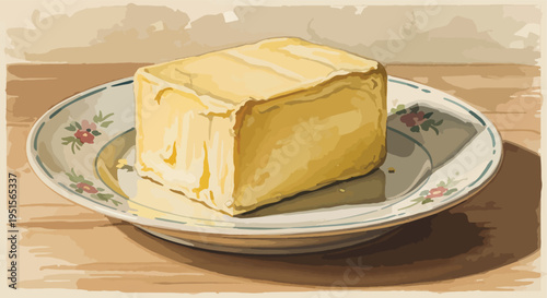 A block of butter on a decorative plate with a floral pattern, on a wooden table with warm lighting and a beige background.