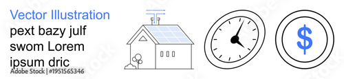 Renewable energy, time tracking, cost efficiency, financial growth, green living, modern economy. A house with solar panels, a clock and a dollar symbol. Renewable energy and time tracking concept