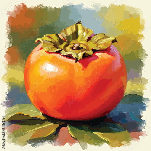 Vibrant persimmon fruit with green leaves against a colorful abstract background in a still life composition with warm tones.