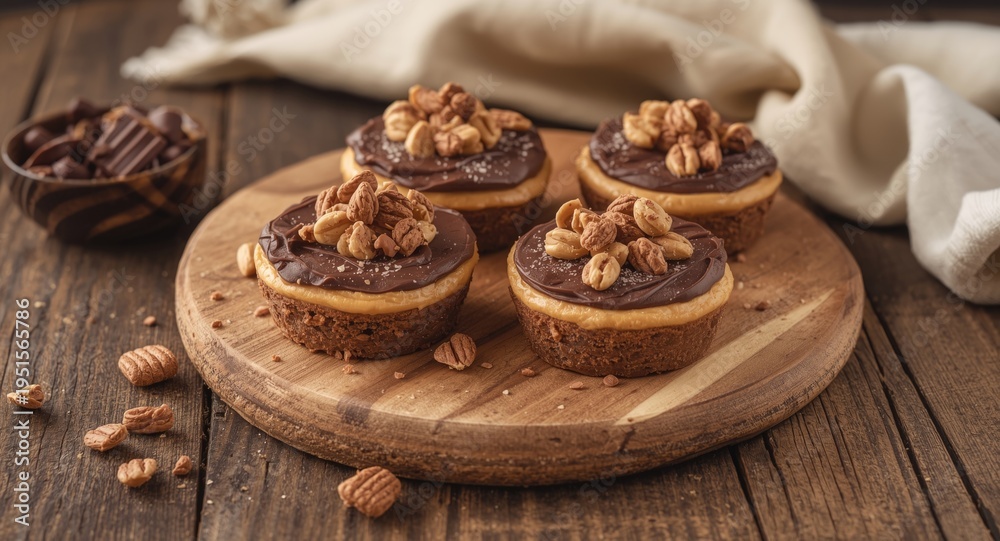 Fototapeta premium Handmade peanut butter and chocolate desserts placed on wooden board
