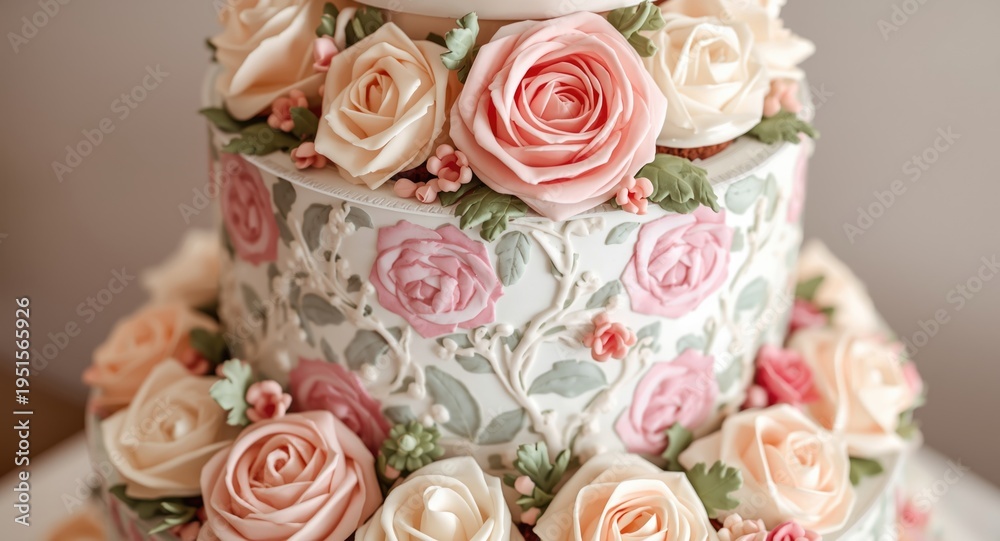 Obraz premium Romantic cupcake tower styled with intricate blooms and gentle pastel rose patterns