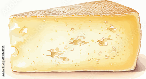 A wedge of cheese with a golden-brown rind and creamy interior on a white background with soft shadows.