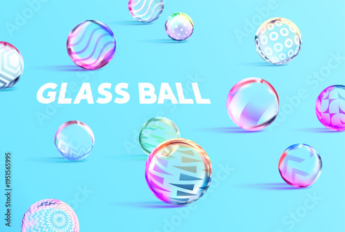 3D Iridescent glass balls on blue surface. Abstract background of decoration colorful spheres.