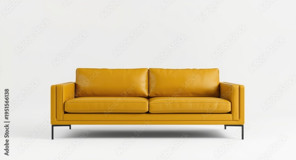 Fototapeta premium Modern yellow leather sofa on clean white backdrop with front view