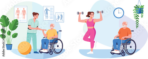 elderly rehabilitation therapy illustration, physiotherapy session, nurse assisting senior patient, wheelchair care, fitness exercise concept, healthcare support, recovery treatment, active lifestyle