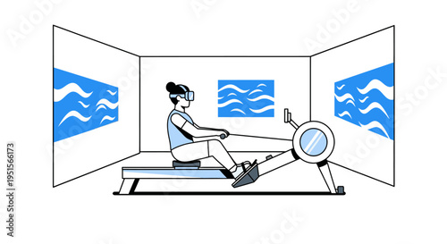 Immersive VR rowing workout: Woman in virtual reality headset exercising on a rowing machine, surrounded by digital water screens. Modern fitness technology illustration.