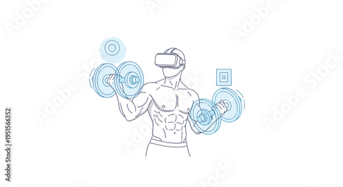 Man in VR headset exercising with virtual dumbbells, futuristic fitness concept