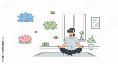 Woman meditating in VR headset surrounded by floating lotus flowers, representing digital wellness and inner peace
