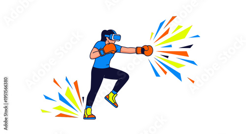 Woman boxing in virtual reality headset, dynamic colorful energy bursts, futuristic fitness and gaming concept
