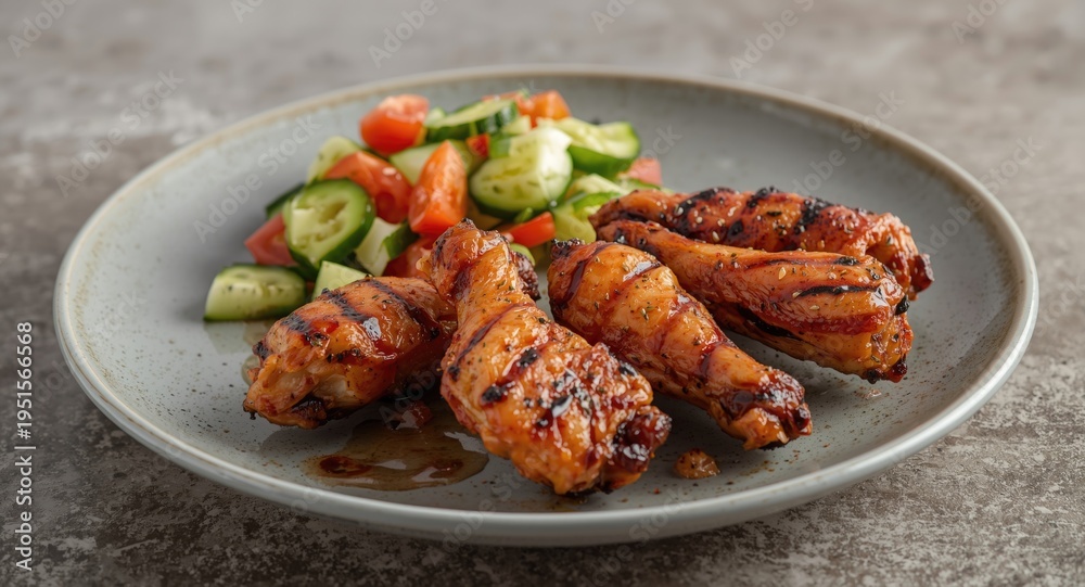 Fototapeta premium Grilled chicken wings paired with colorful vegetable salad of cucumbers tomatoes and bell peppers on a modern plate