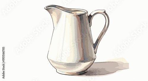 A shiny silver pitcher with a handle and spout, casting a shadow on a white surface, in a still life composition with soft lighting.