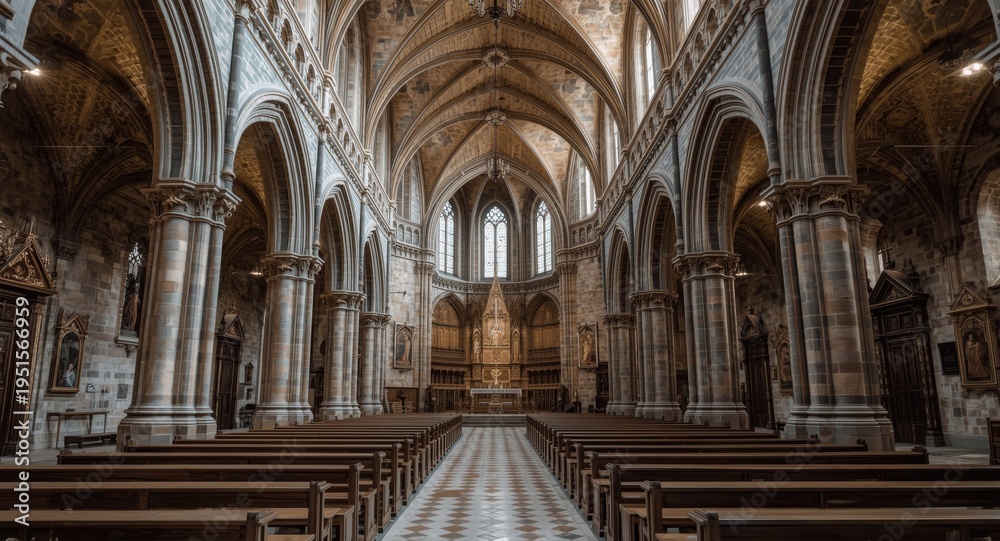 Naklejka premium Renowned historic altar chamber characterized by gothic arches and religious symbolism