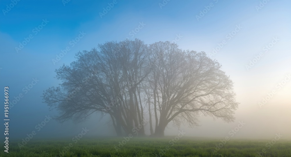 Fototapeta premium Mist edged forest trees with a sharp azure sky overhead