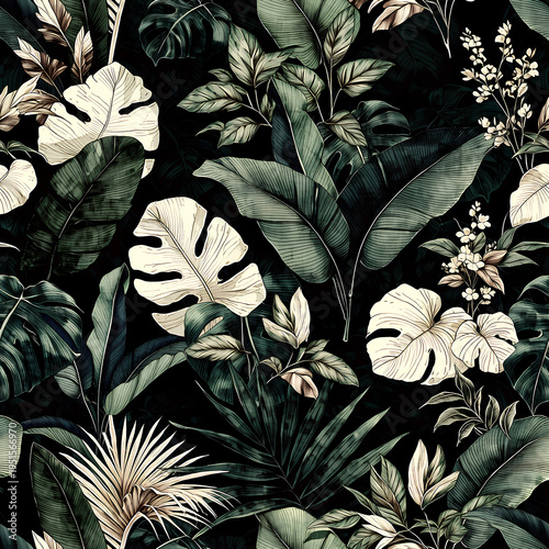 Vintage floral wallpaper pattern with tropical leaves flowers and botanical elements in white and green on black background showcasing antique ornamental design