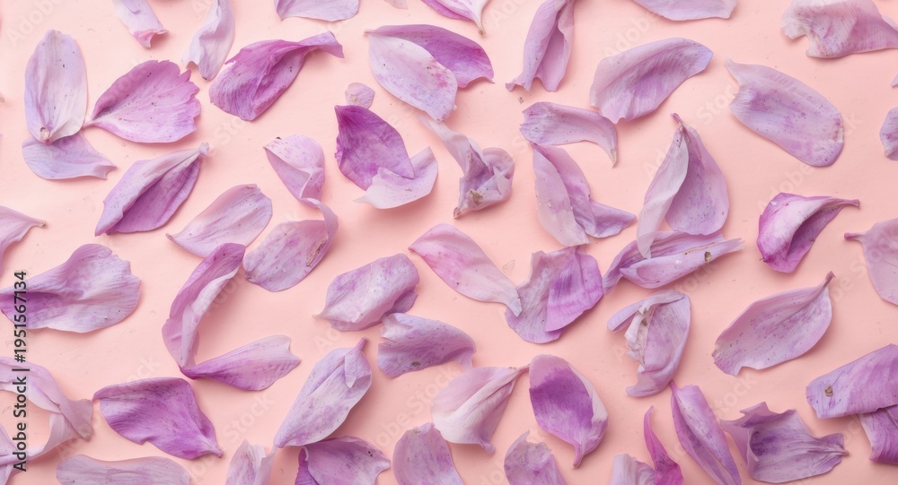 Fototapeta premium Isolated lilac flower petals scattered on a light pastel background with copy space