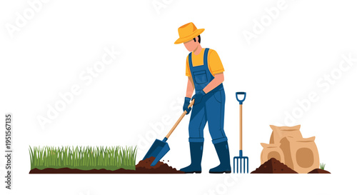 A male farmer wearing a straw hat and blue overalls digs soil with a blue shovel next to green grass, with a pitchfork and sacks in the background.
