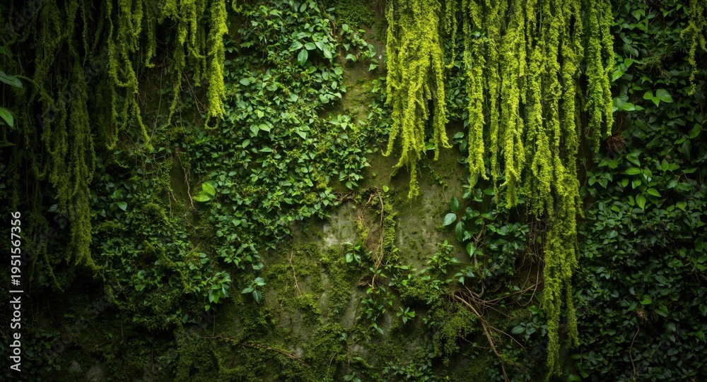 Obraz premium Moss textured green wall with trailing Spanish moss for a tropical vibe