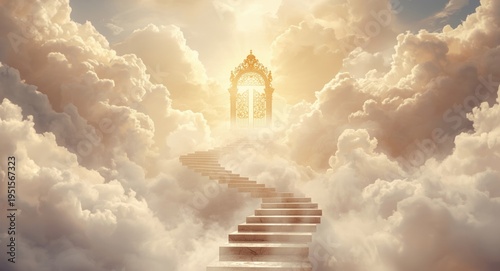 heavenly staircases weaving through fluffy clouds towards a splendid golden gate