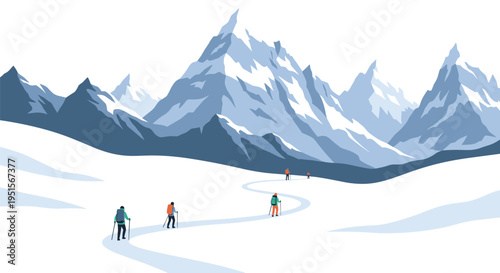 Several hikers with backpacks and trekking poles follow a winding path through a majestic snow-covered mountain range under a clear sky.
