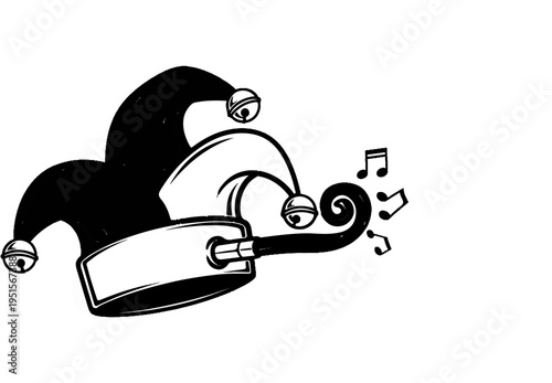 A jester's cap with bells and musical notes, all in a hand-drawn style