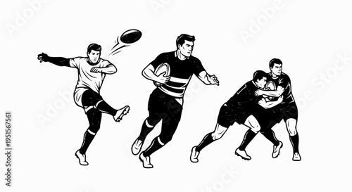 Three male athletes in a black and white illustration depicting a rugby match