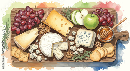 A colorful still life of assorted cheeses, grapes, apple slices, honey, and crackers on a wooden board against a vibrant, multicolored watercolor background.