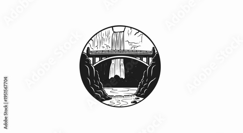 Stylized circular illustration of a bridge over a waterfall