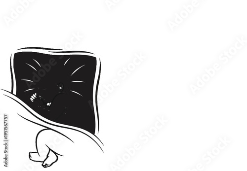 A black square with a stylized face inside rests on a baby's arm