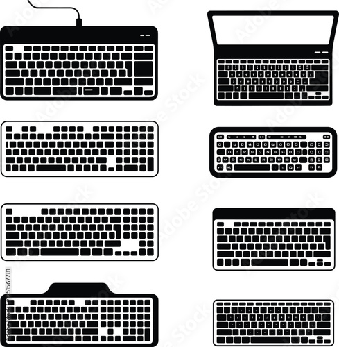 keyboard, computer, laptop, typing, technology, device, input, hardware, keys, office, workspace, icon, set, black, vector, isolated, white, background, illustration, digital