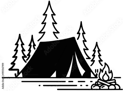 A black and white illustration of a campsite with a tent, trees, and a campfire