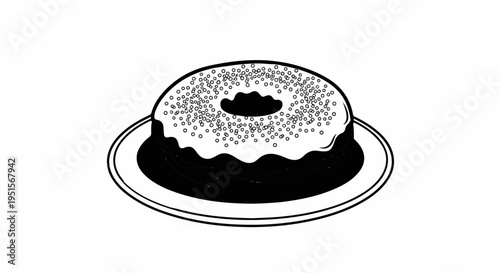 A black and white illustration of a frosted bundt cake covered in sprinkles on a plate