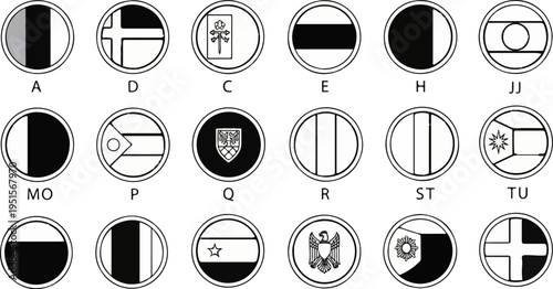 Circular emblems with varied designs including flags and symbols