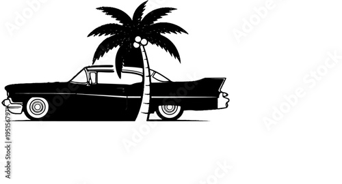 Classic car partially obscured by a stylized palm tree