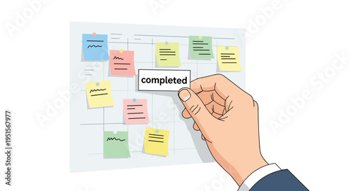 A hand places a completed sticky note onto a whiteboard covered with colorful sticky notes.