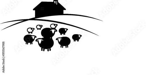 Silhouette of a farm house and sheep on rolling hills