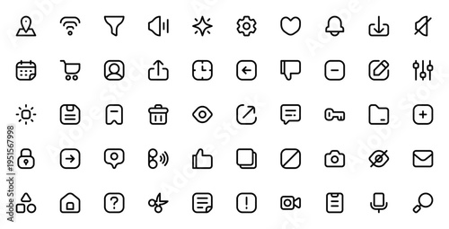 UI icon set. Minimal linear vector icons pack. Includes symbols for pin, wifi, filter, volume, star, settings, heart, notification, download, mute, calendar, shopping cart and more. Editable stroke.