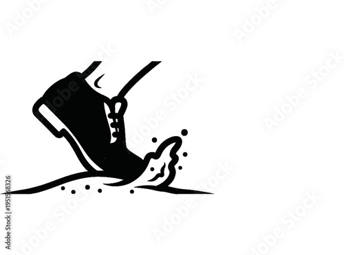 A black and white illustration of a shoe stepping through water, splashing
