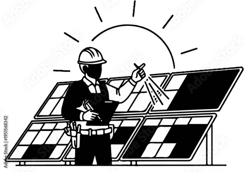 Worker inspecting solar panels under the sun