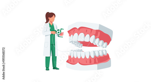 A female dentist in a green scrub suit meticulously flosses a large dental model.