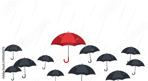 A single red umbrella stands out among many black umbrellas under falling rain.