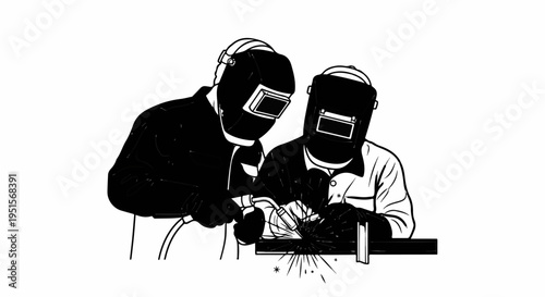 Two welders in protective gear work together, sparks flying