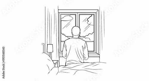 Person gazing out window at stormy sky from a bedroom