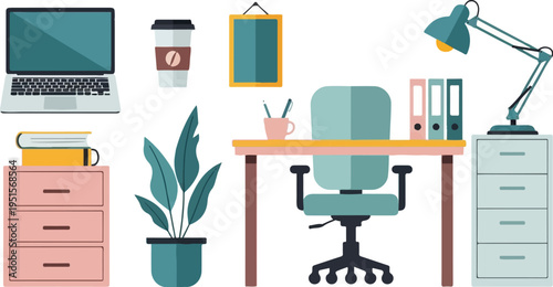A modern office setup with a laptop, desk, chair, lamp, and plants