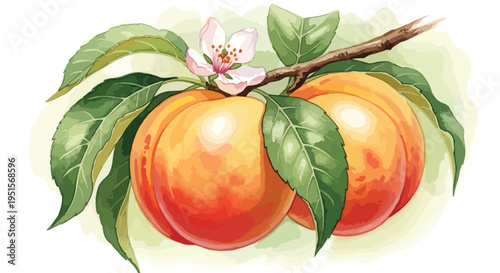 Watercolor illustration of two ripe peaches on a branch with leaves and a flower against a soft green background.